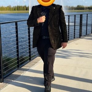 Men's Black Velvet Blazer with Gold Geometric Stitching